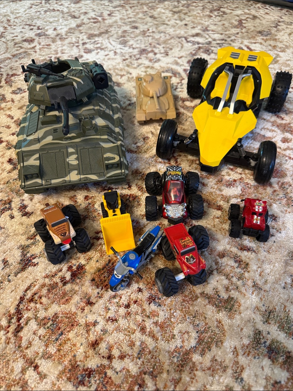 9-Piece Toy Vehicle Lot – Tanks, Monster Trucks, Buggy & More